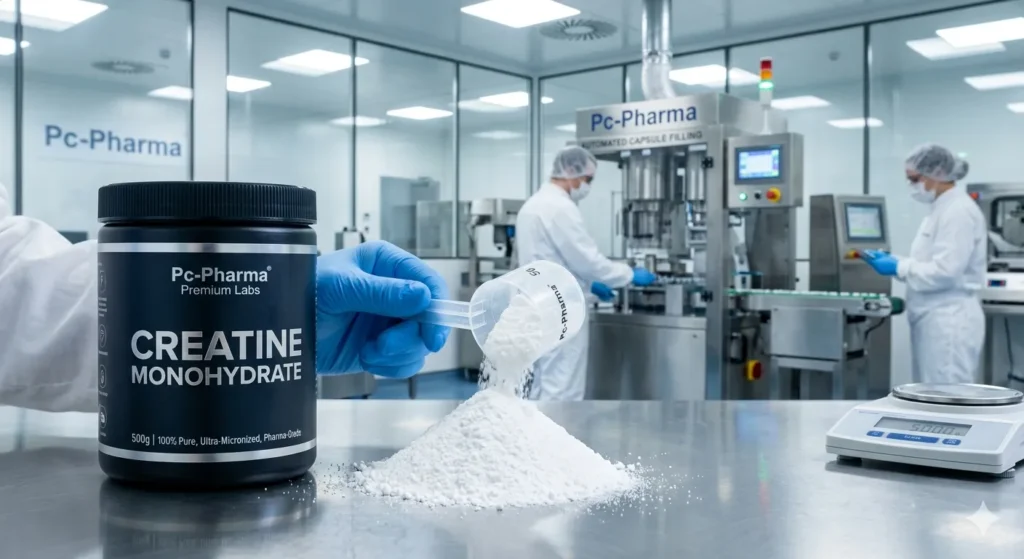 Envase premium de creatina monohidratada en polvo junto a un dosificador en el laboratorio de alta tecnología de Pc-Pharma