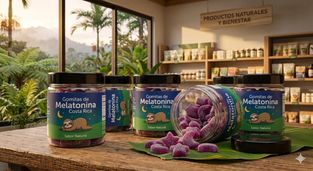 Frascos de suplementos premium mostrando gomitas de melatonina costa rica en un mostrador de farmacia, listos para distribución B2B y maquila.