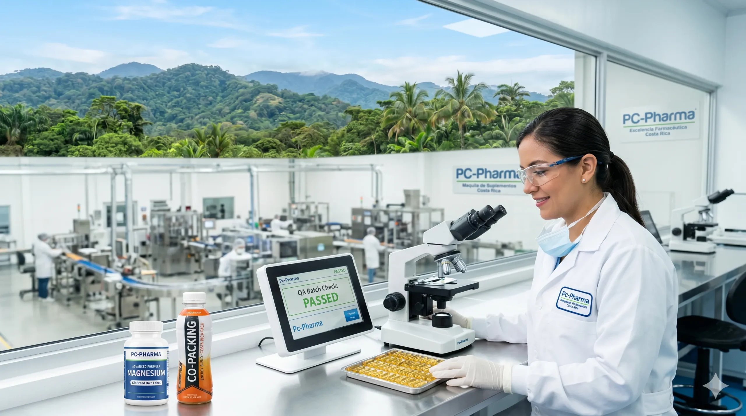 Científica especializada de Pc-Pharma evaluando la calidad de formulaciones en un laboratorio de alta tecnología dedicado a la maquila de suplementos en Costa Rica.