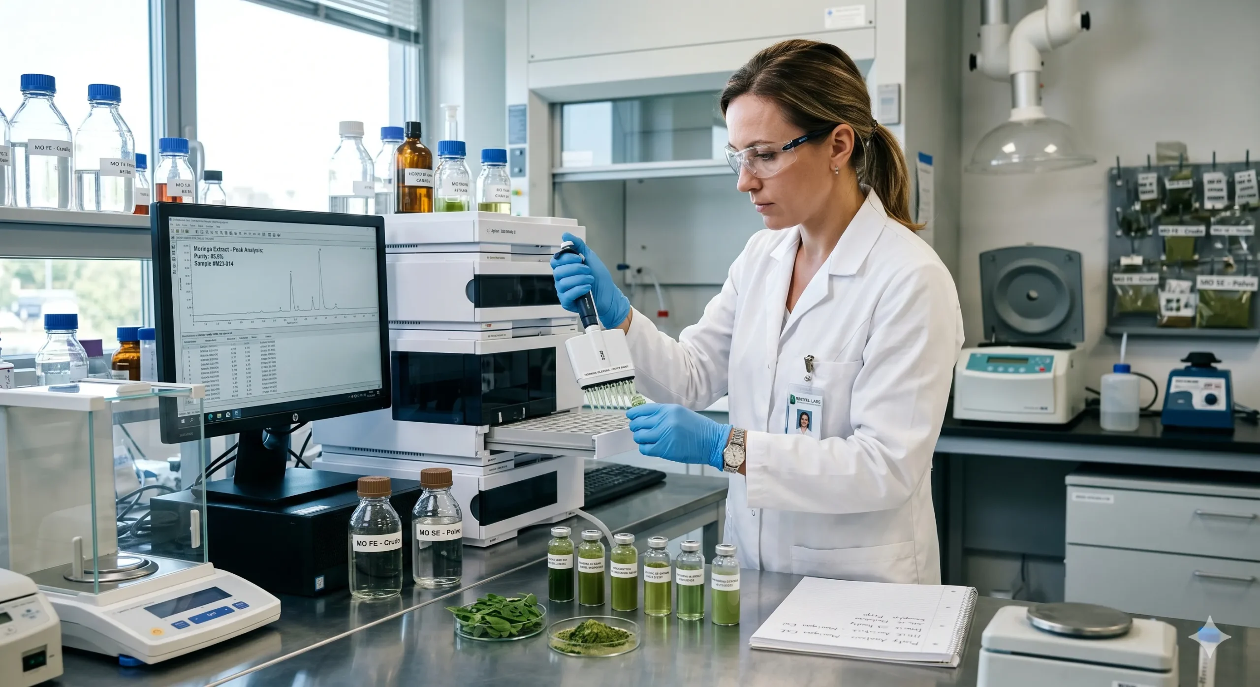 Investigador analizando hojas secas de Moringa en un laboratorio de desarrollo nutracéutico