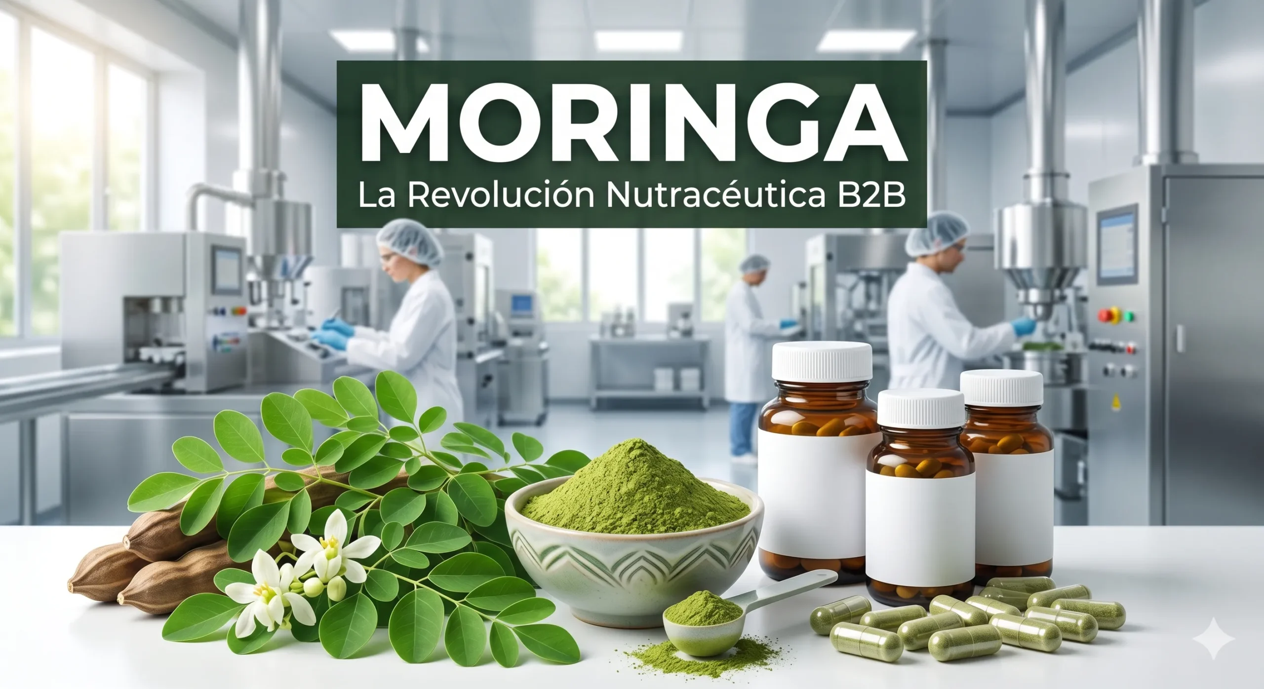 Primer plano de hojas, polvo y cápsulas de Moringa oleifera frente a frascos farmacéuticos, con fondo de planta de producción nutracéutica moderna y trabajadores. Texto superpuesto: MORINGA La Revolución Nutracéutica B2B