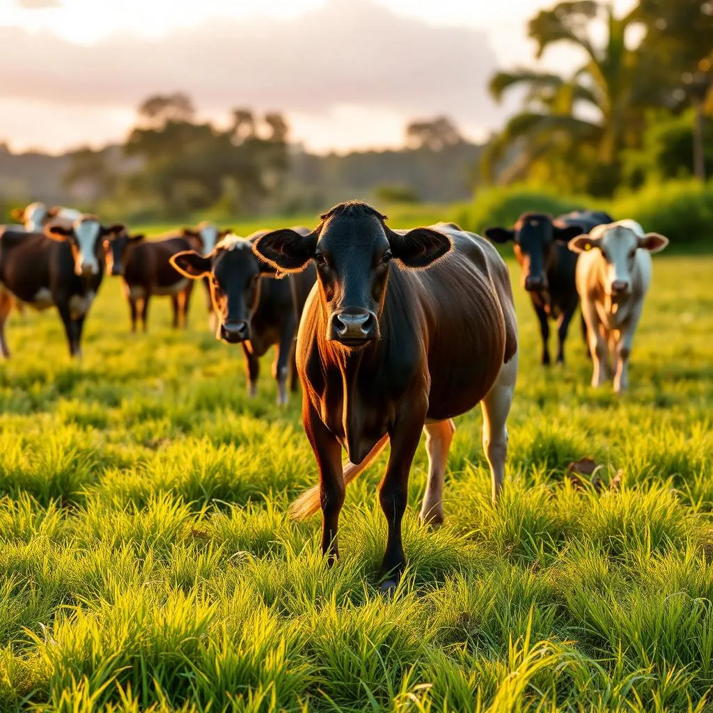 Ganado bovino pastando al atardecer en una finca representativa de la agropecuaria en Costa Rica.
