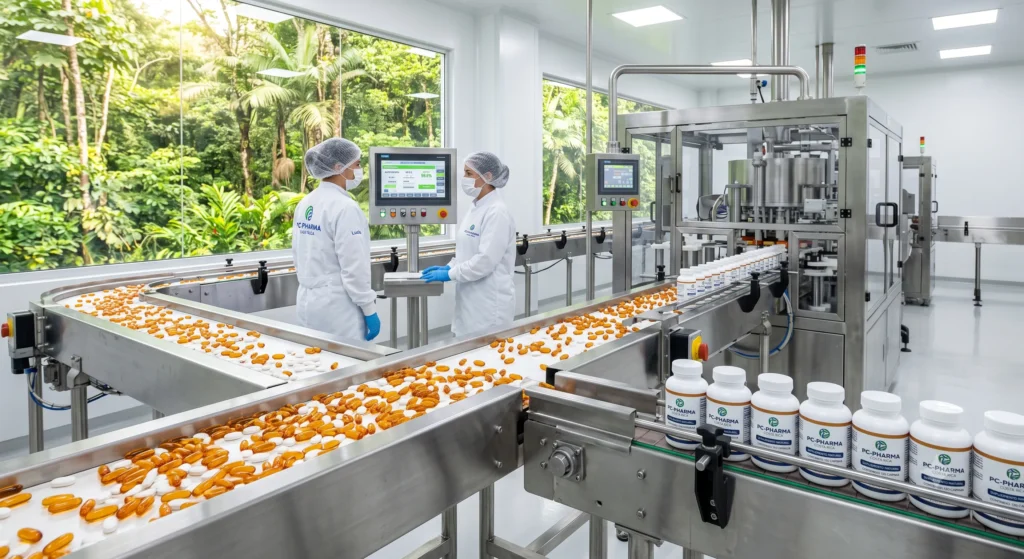 Línea de producción automatizada para la maquila de suplementos alimenticios en Costa Rica, operada por técnicos de Pc-Pharma bajo estándares farmacéuticos.