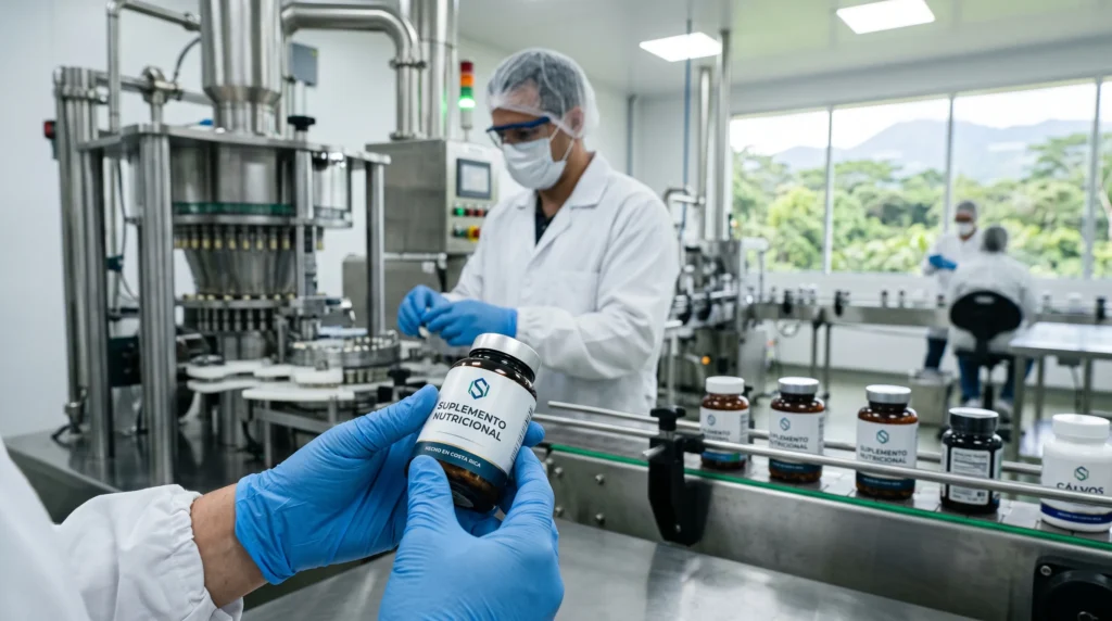 Operario farmacéutico revisando producto finalizado en laboratorio de Pc-Pharma para crear marca de suplementos costa rica