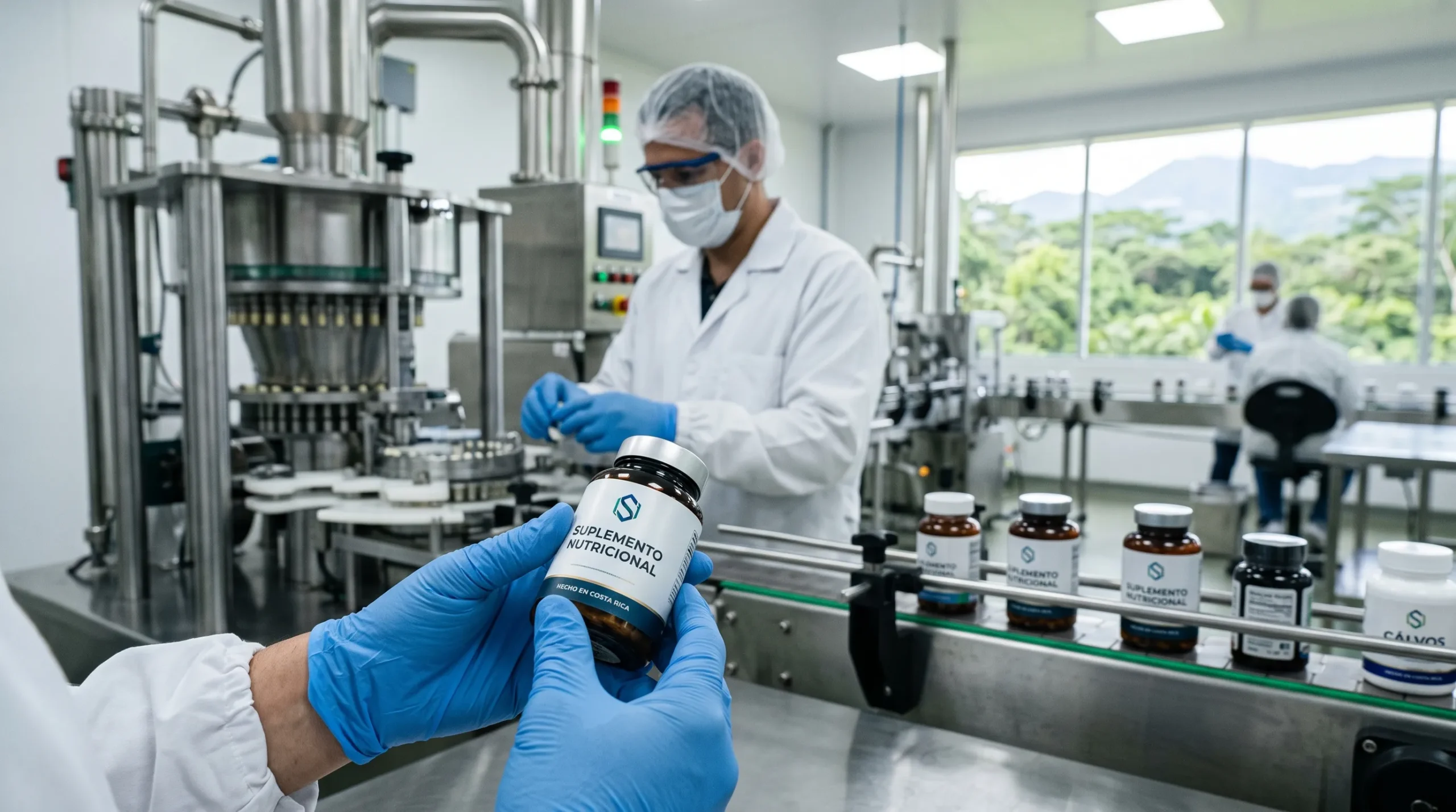 Operario farmacéutico revisando producto finalizado en laboratorio de Pc-Pharma para crear marca de suplementos costa rica