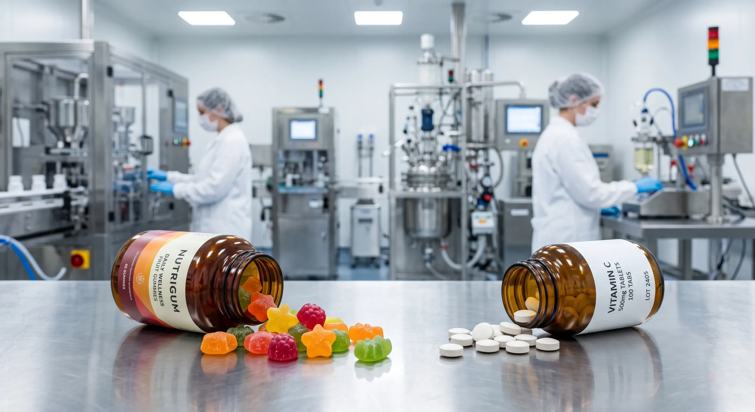 Frasco ámbar con gomitas funcionales coloridas en contraste con tabletas tradicionales sobre acero inoxidable, destacando servicios profesionales de maquila de gomitas en laboratorio farmacéutico.