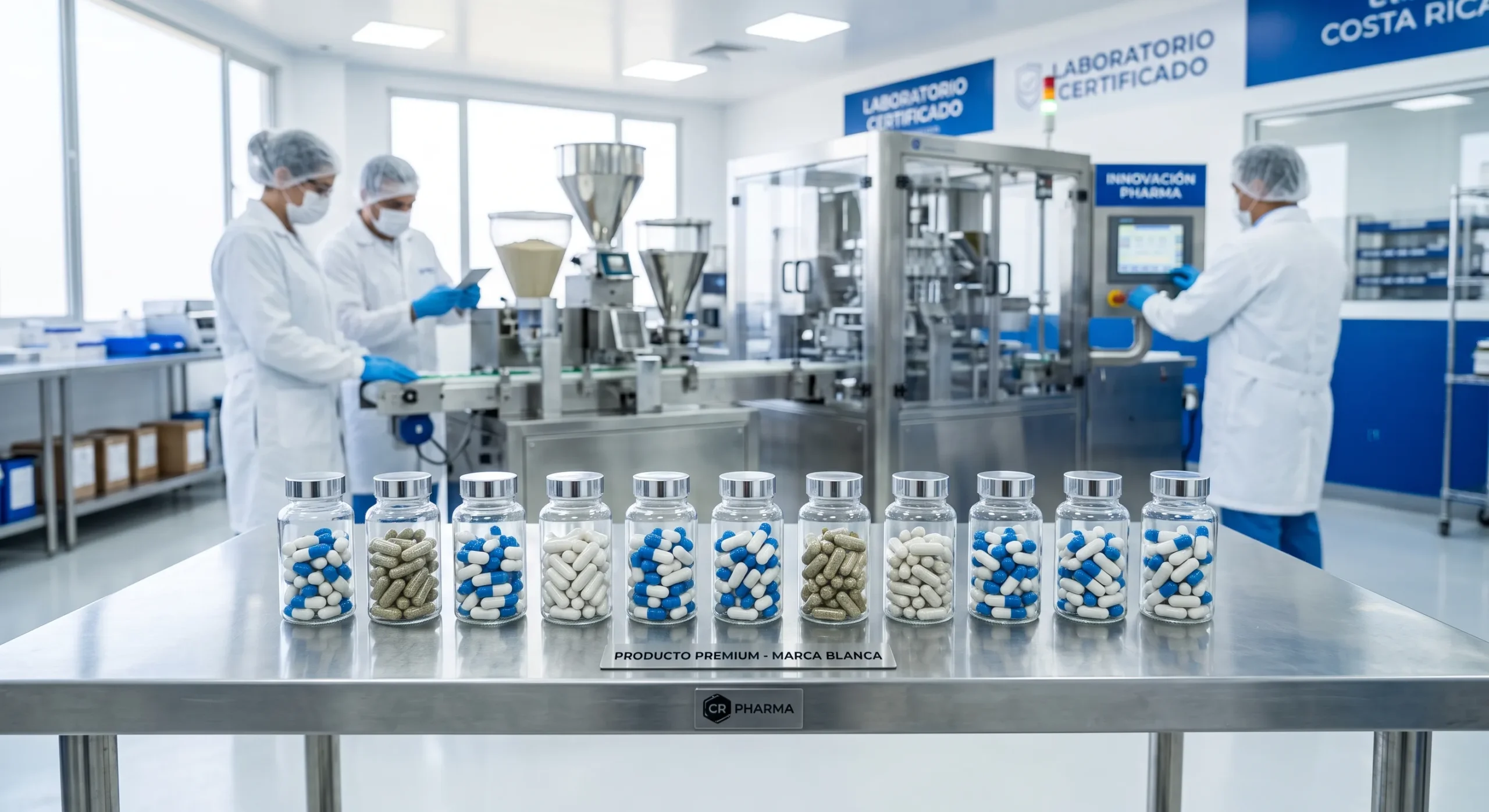 Línea de frascos de suplementos veterinarios en marca blanca sin etiqueta sobre mesa de acero inoxidable en laboratorio farmacéutico de Costa Rica.