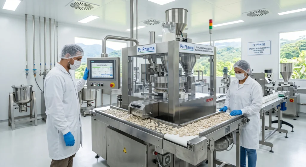 Moderna instalación de grado farmacéutico especializada en maquila suplementos nearshoring en Costa Rica para exportación a México.